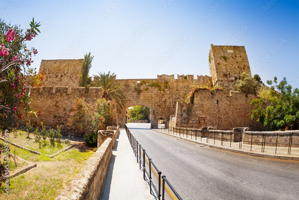 Ancient gate in defensive wall of old town, Rhodes