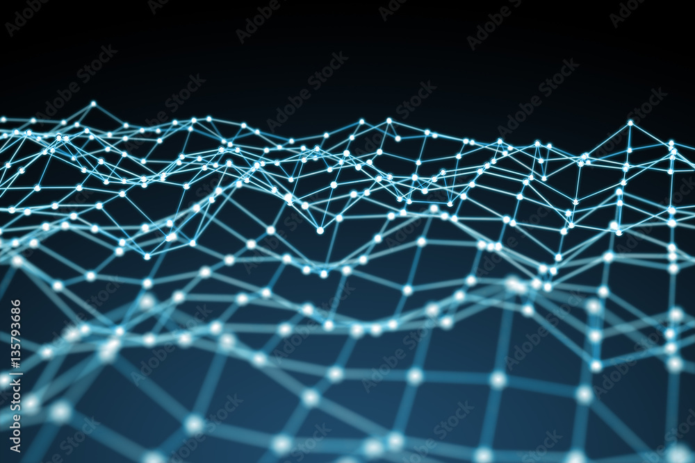 Floating white and blue dot network 3D rendering