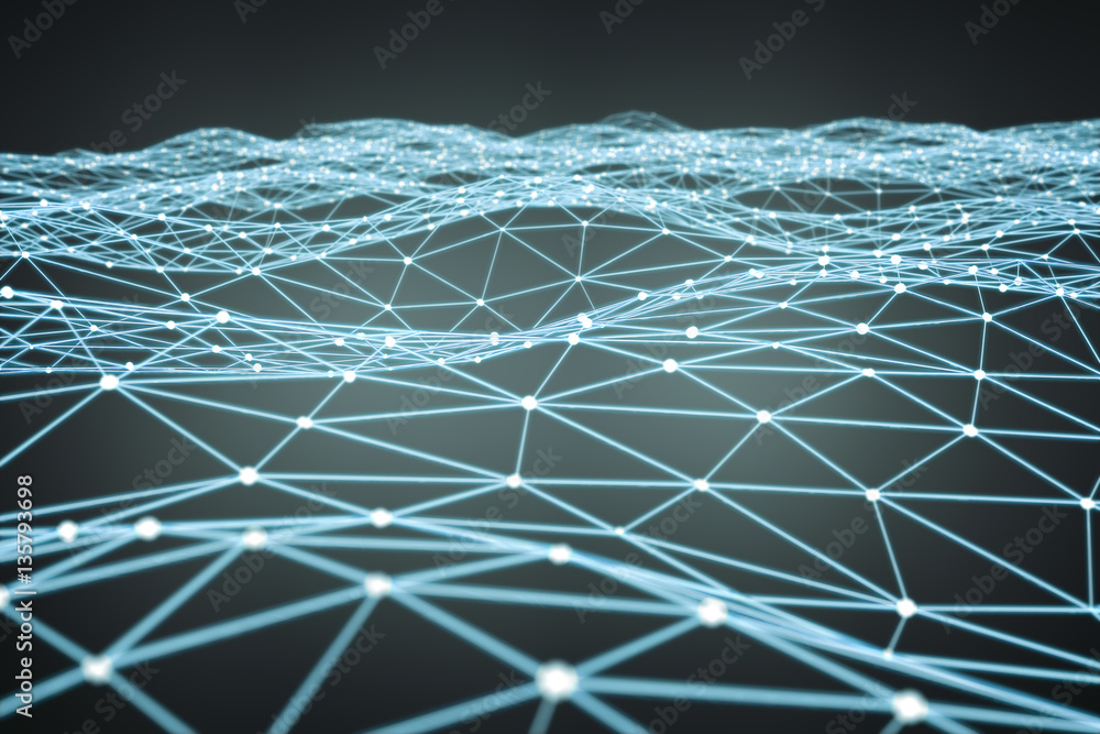 Floating white and blue glowing dot network 3D rendering