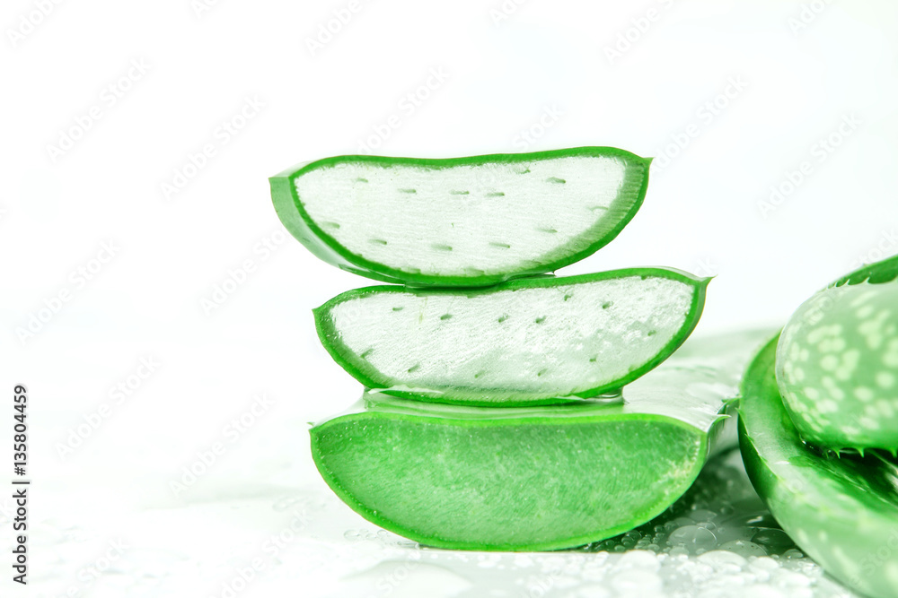 the sliced and leaf of fresh aloe vera on white background