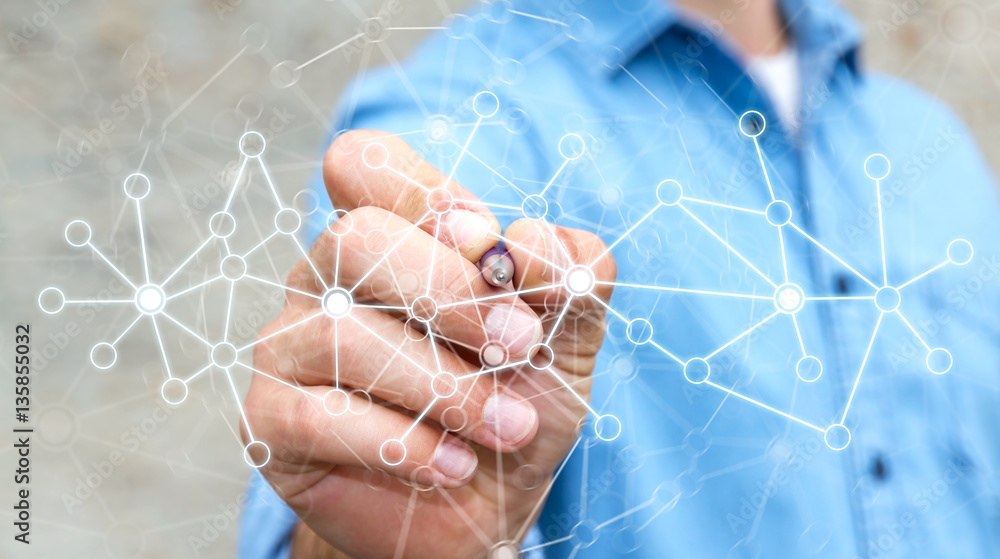 Businessman drawing digital data network with a pen 3D rendering