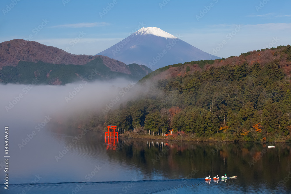 Mt.Fuji and Ashi lake with mist in autumn morning