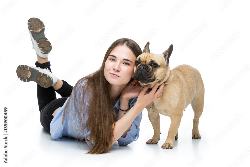 Beautiful girl with french bulldog