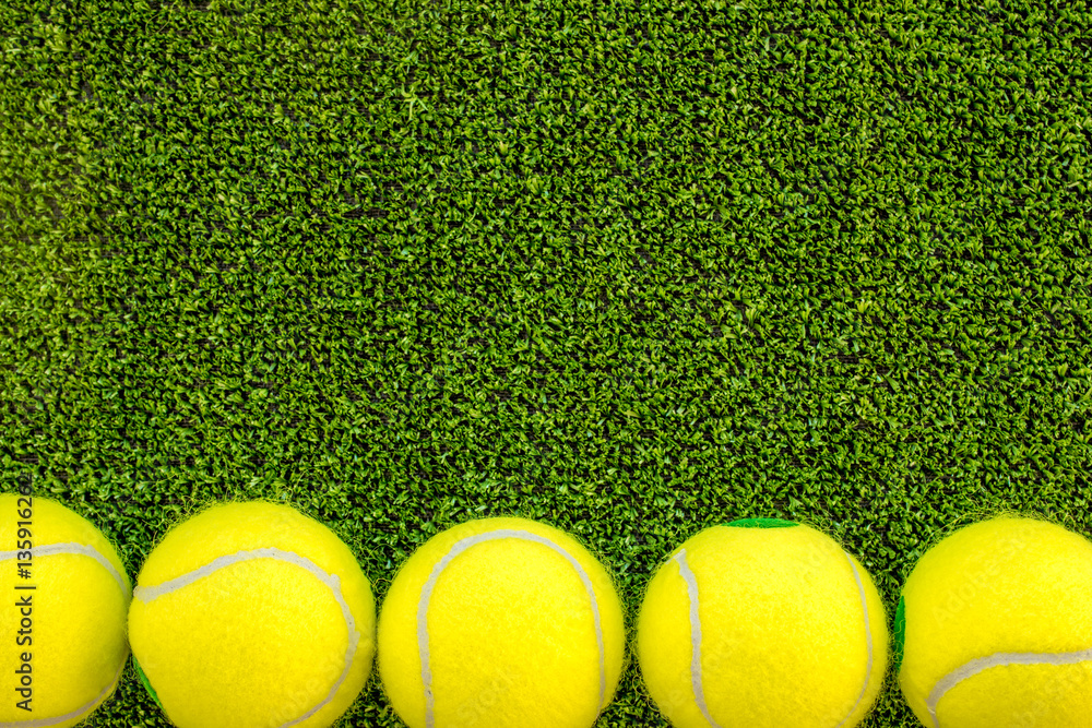 tennis ball on green background top view mock up