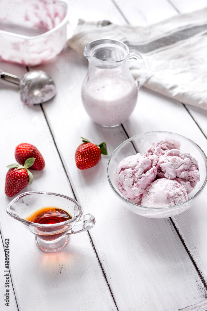 organic homemade ice cream in glass bowl on wooden background