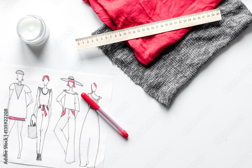 desktop designer clothes with tools top view mock up