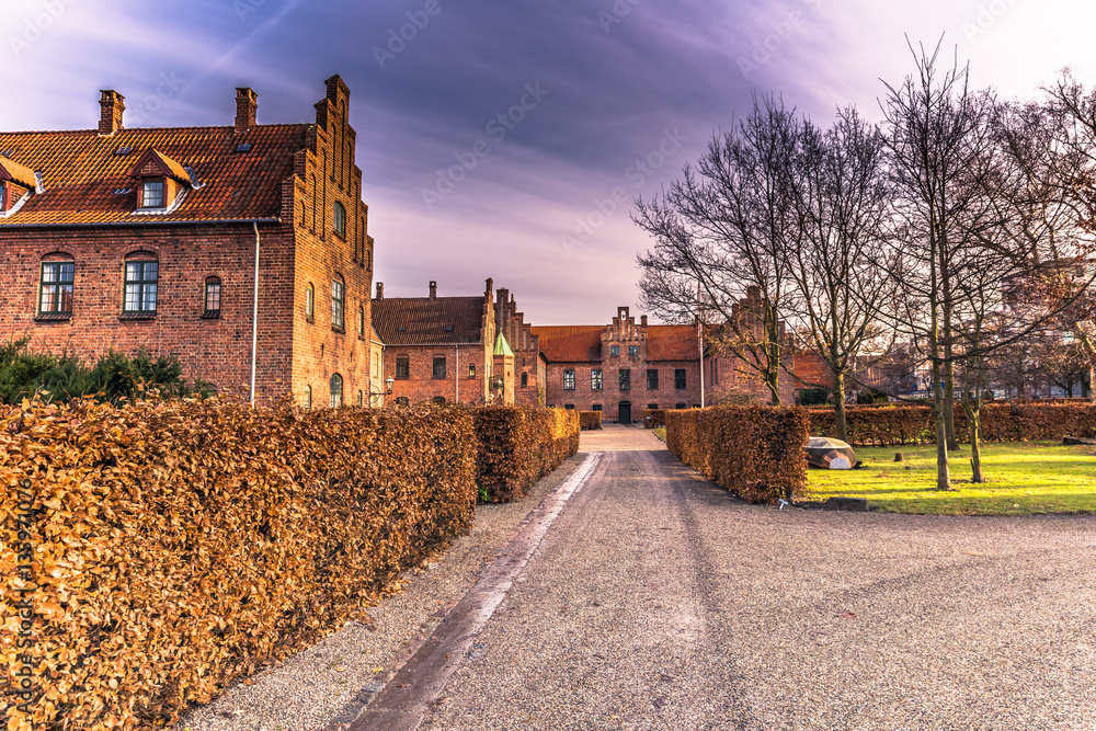 December 04, 2016: Red brick old houses of Roskilde, Denmark