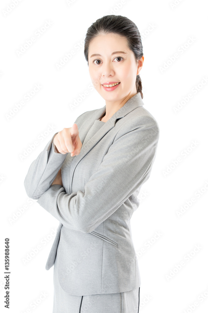 happy confident asian business woman pointing standing