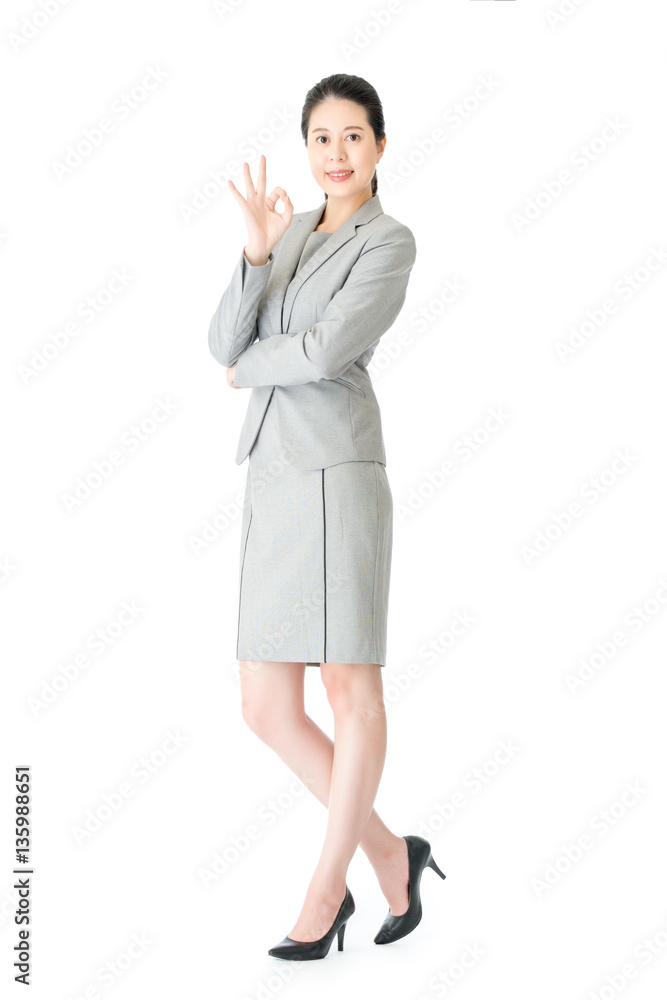 confident asian business woman ok gesture hand standing