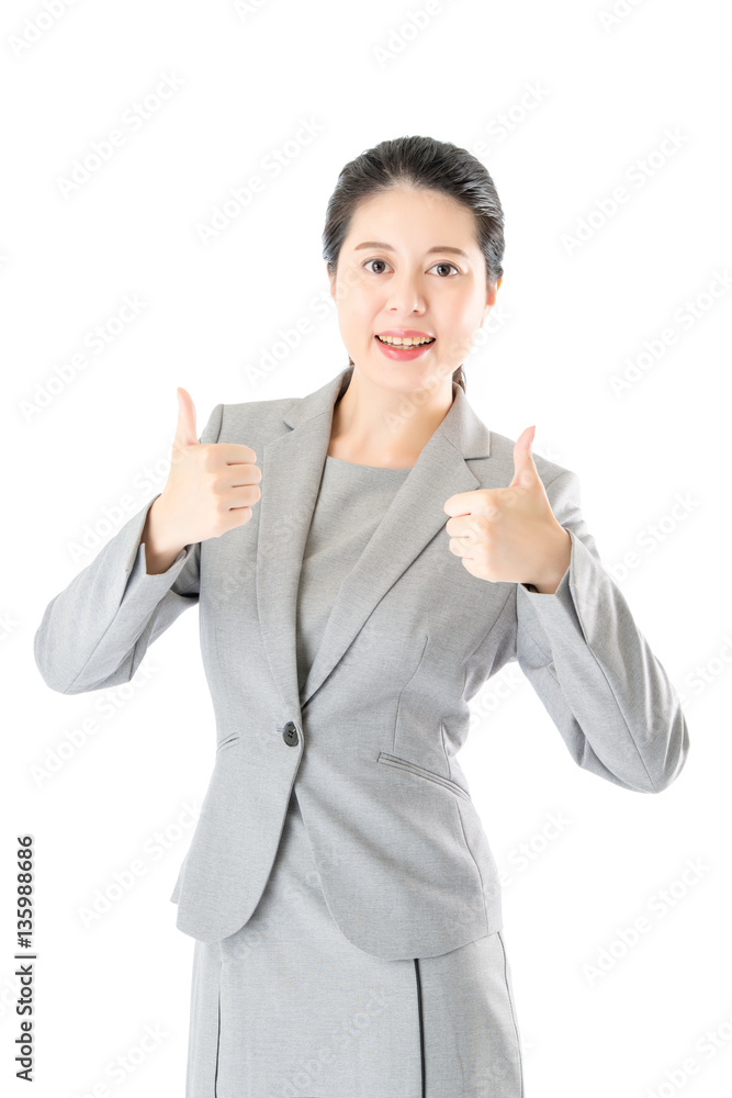 confident asian business woman thumbs up standing