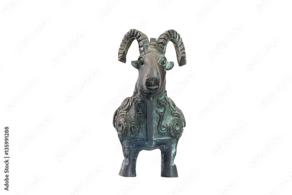 isolated bronze goat sculpture on white background