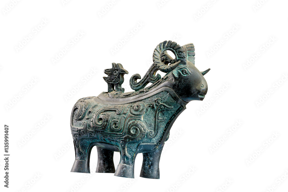 isolated bronze goat sculpture on white background