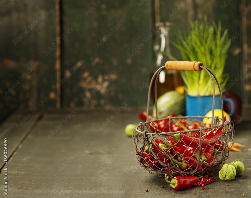 Hot red pepper and ingredients for cooking