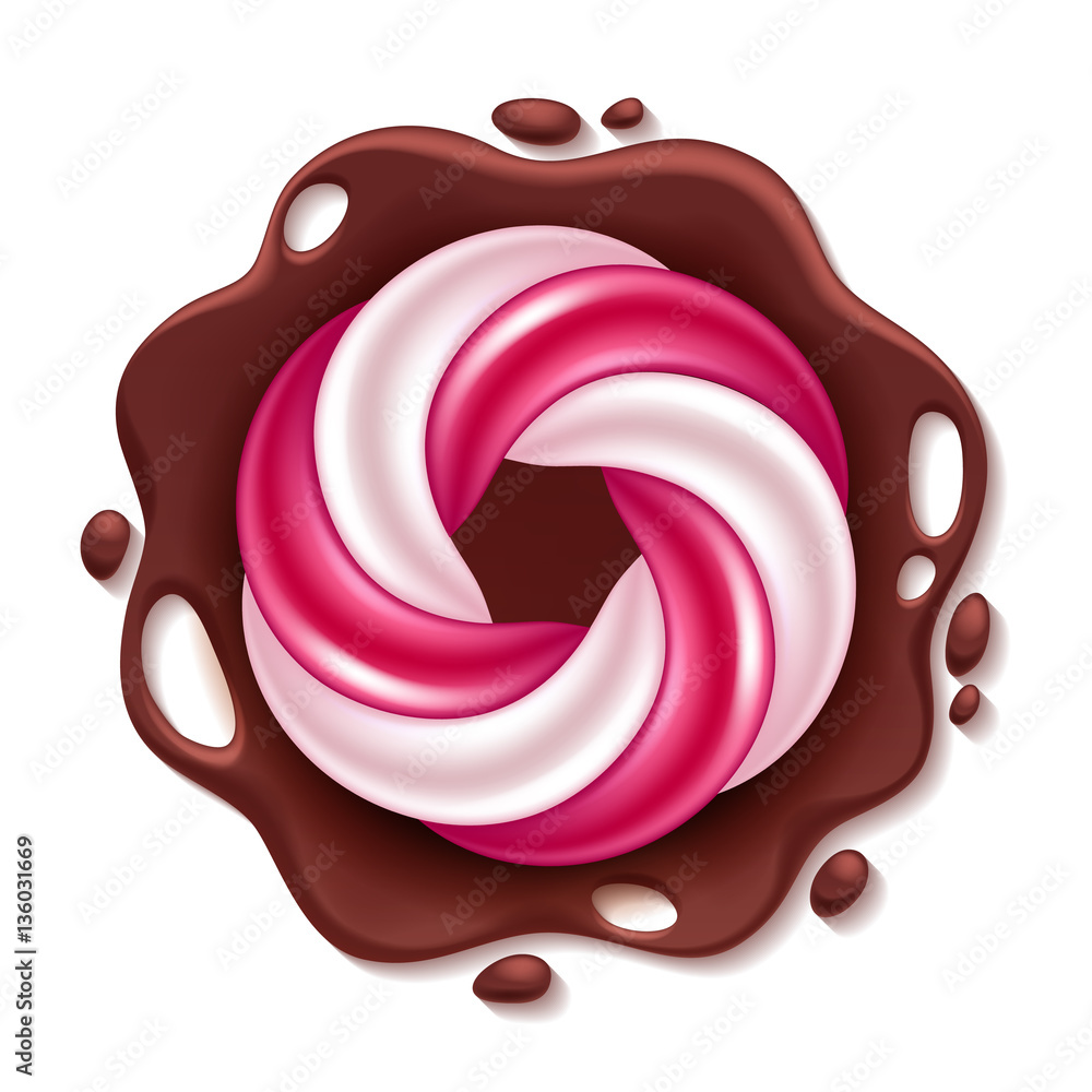 Round swirl candy on chocolate splash background.