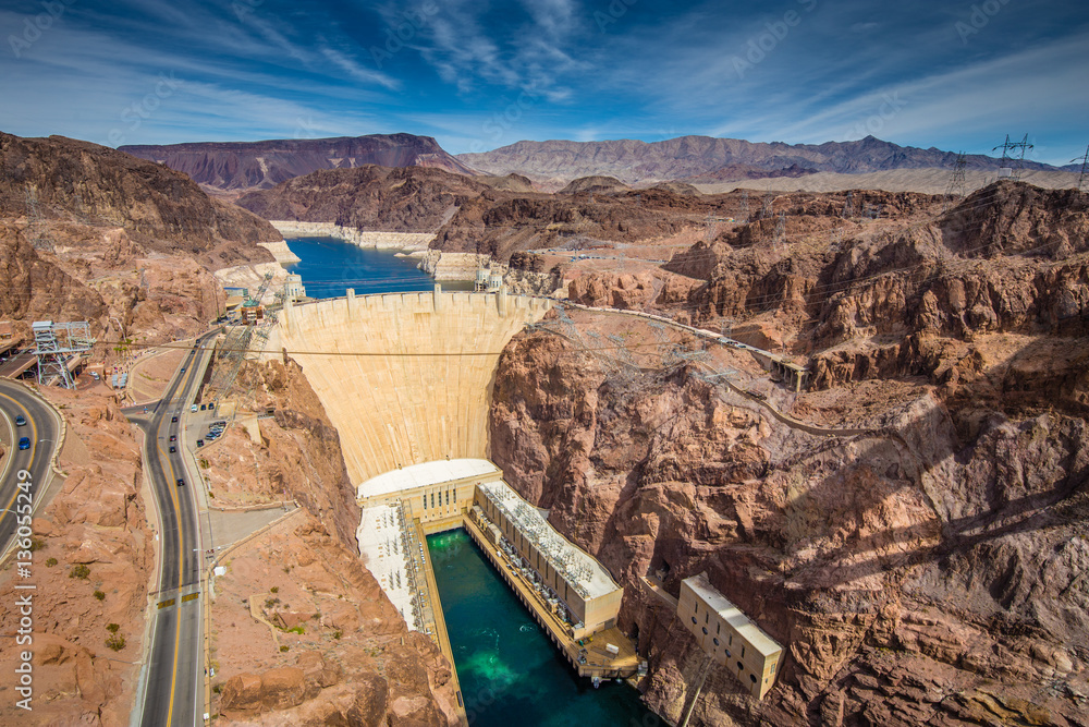 Aerial view of Hoover Dam from Mike OCallaghan–Pat Tillman Memorial Bridge, Nevada, USA