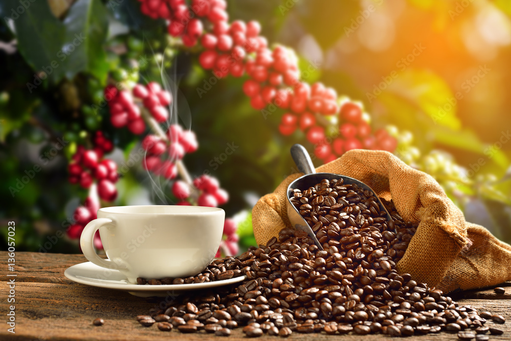 Cup of coffee with smoke and coffee beans in burlap sack on coff