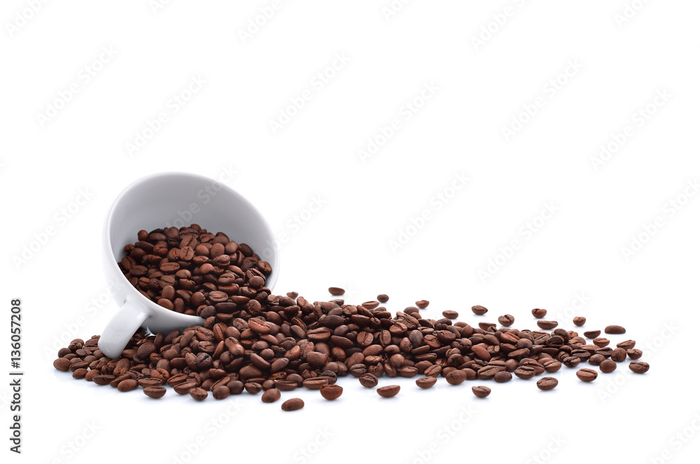 Coffee beans in coffee cup isolated on white