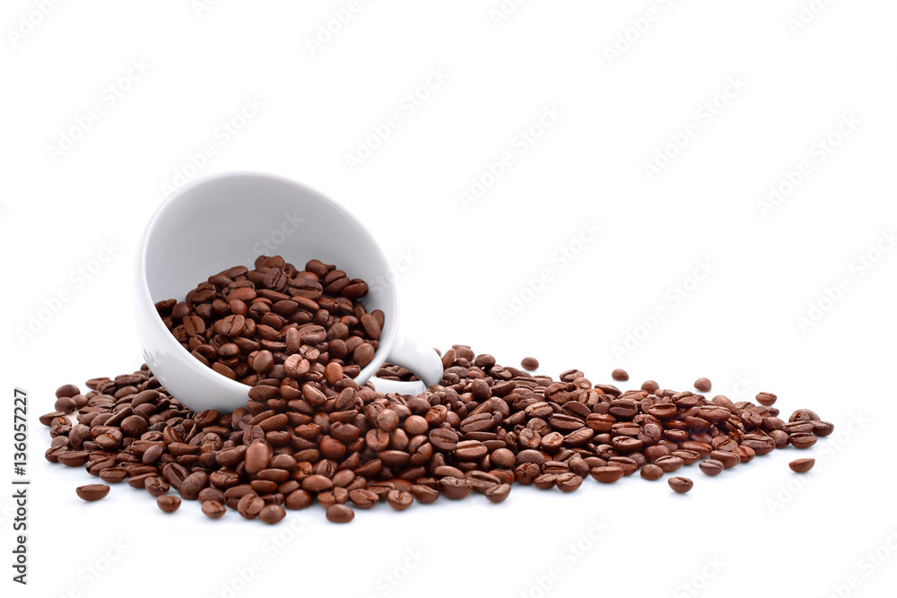 Coffee beans in coffee cup isolated on white