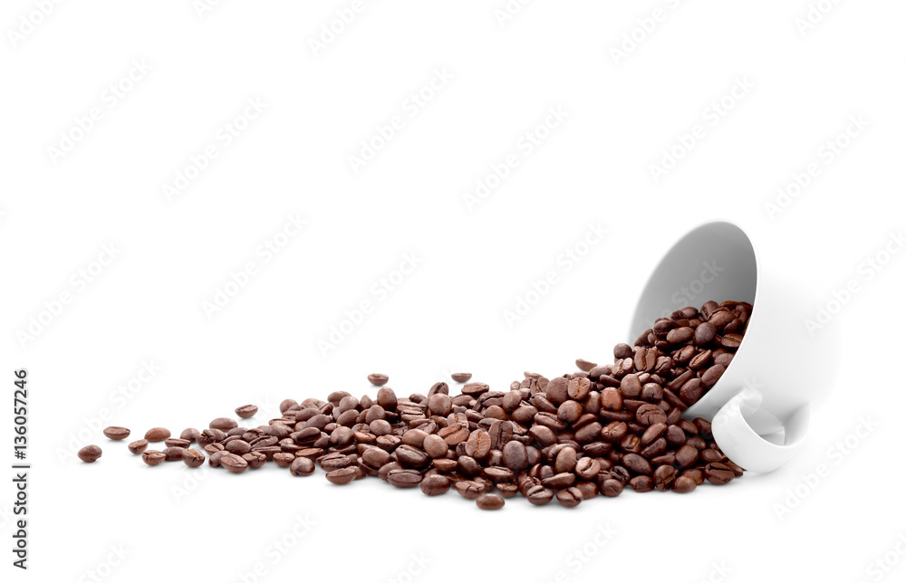 Coffee beans in coffee cup isolated on white