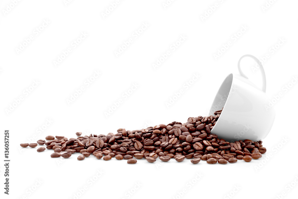 Coffee beans in coffee cup isolated on white