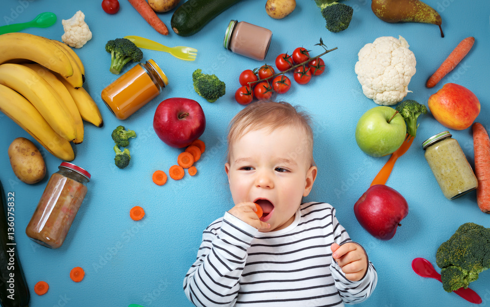 Baby surrounded with fruits and vegetables