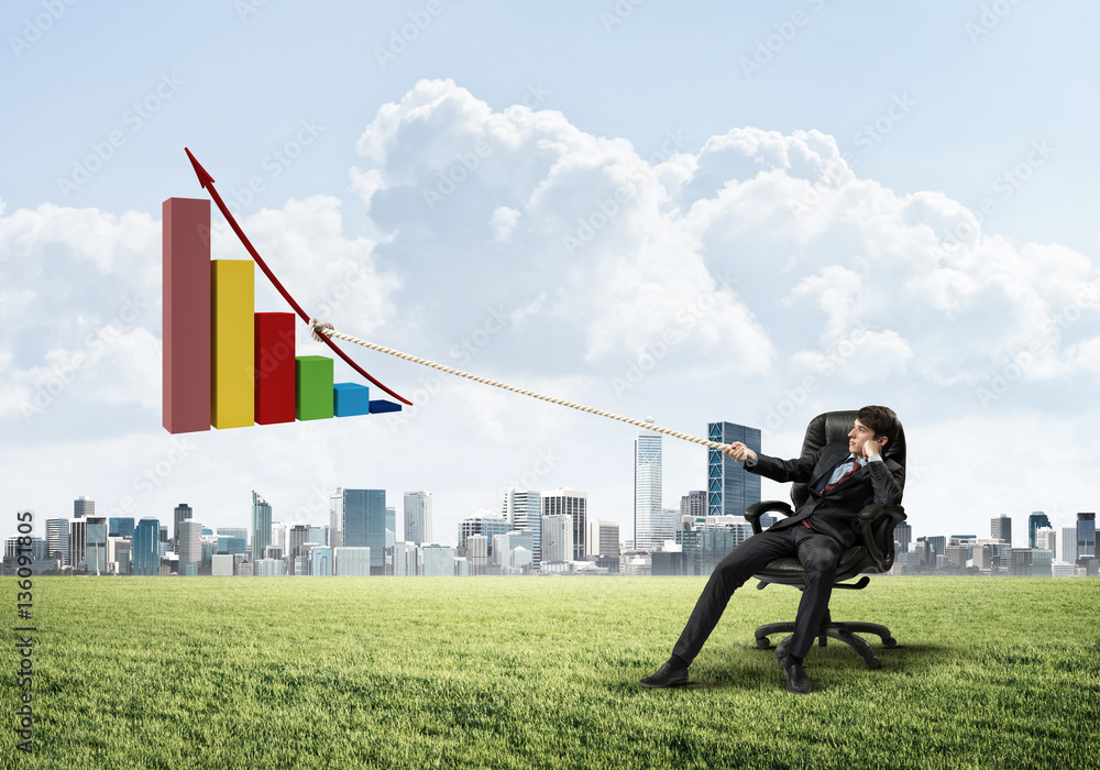 Businessman pulling graph with rope as concept of power and control