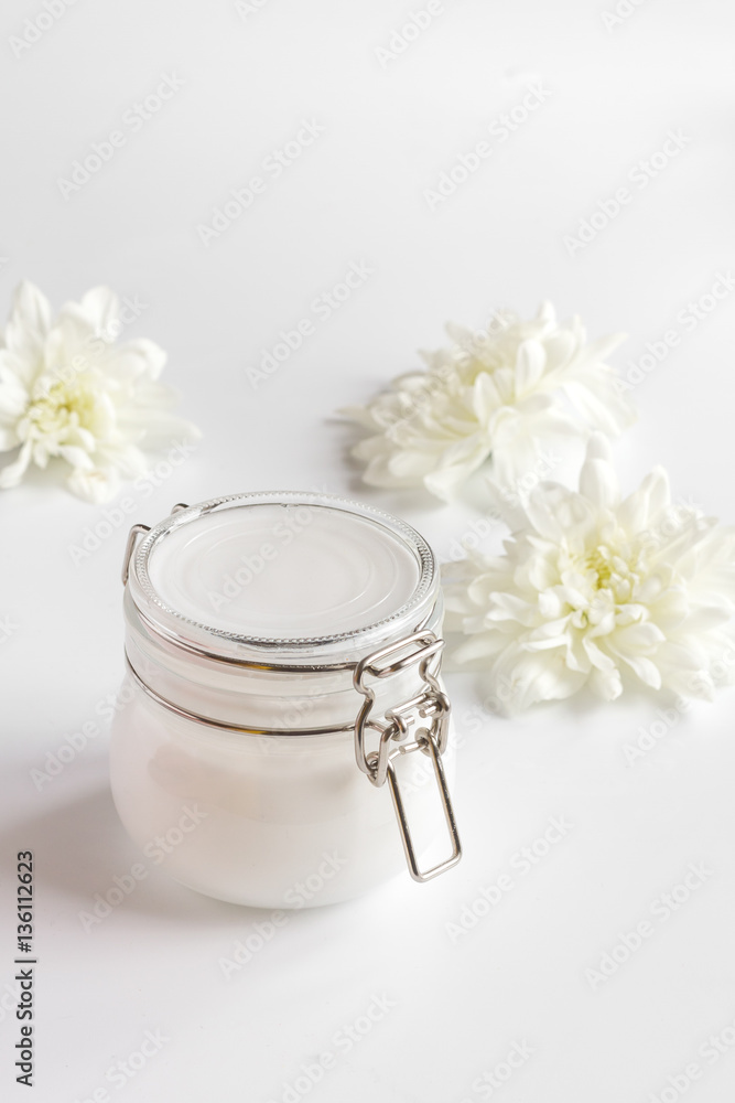 natural organic cosmetics with herbs for baby on white background