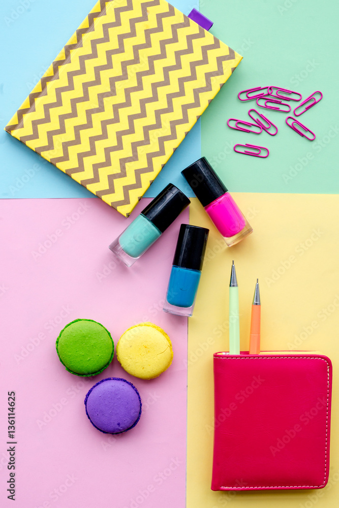 decorative cosmetics on color background top view