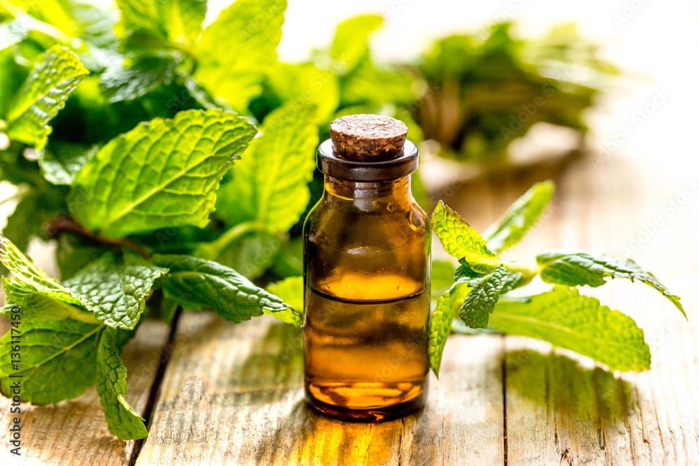 organic cosmetics with herbal extracts of mint on wooden background