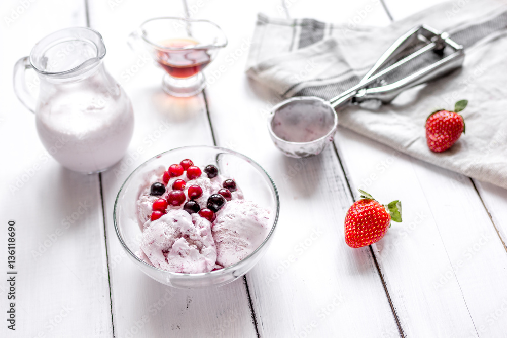 organic homemade ice cream in glass bowl on wooden background