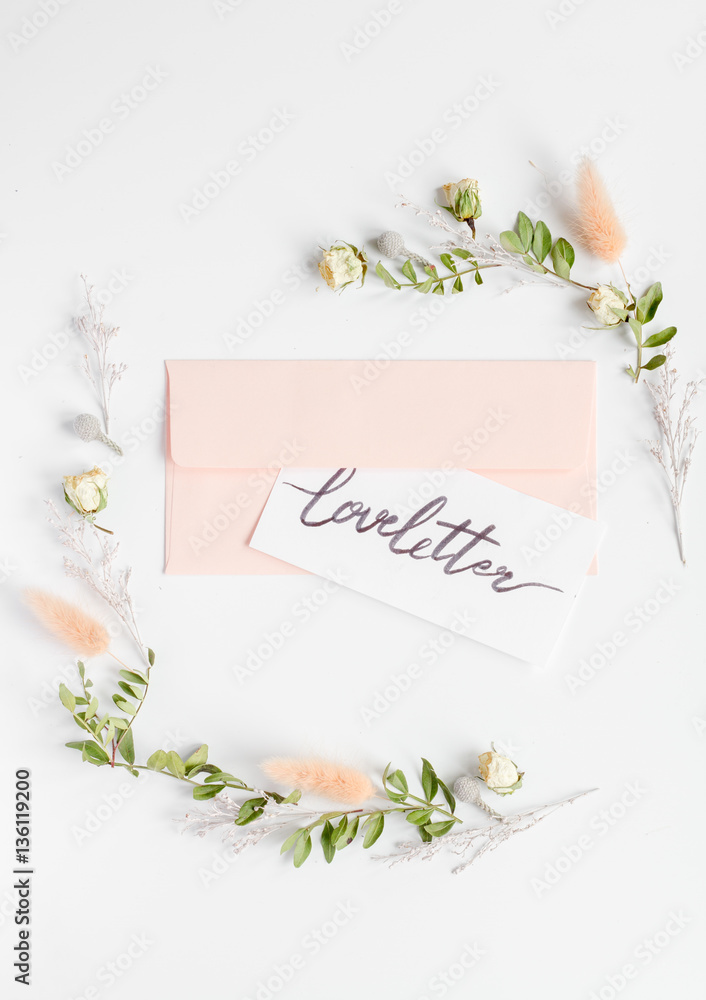 calligraphy floral pattern top view love letter