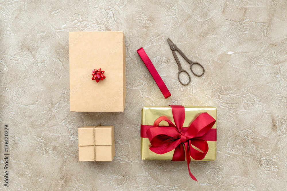 wrapping gifts in box for holiday top view mock up