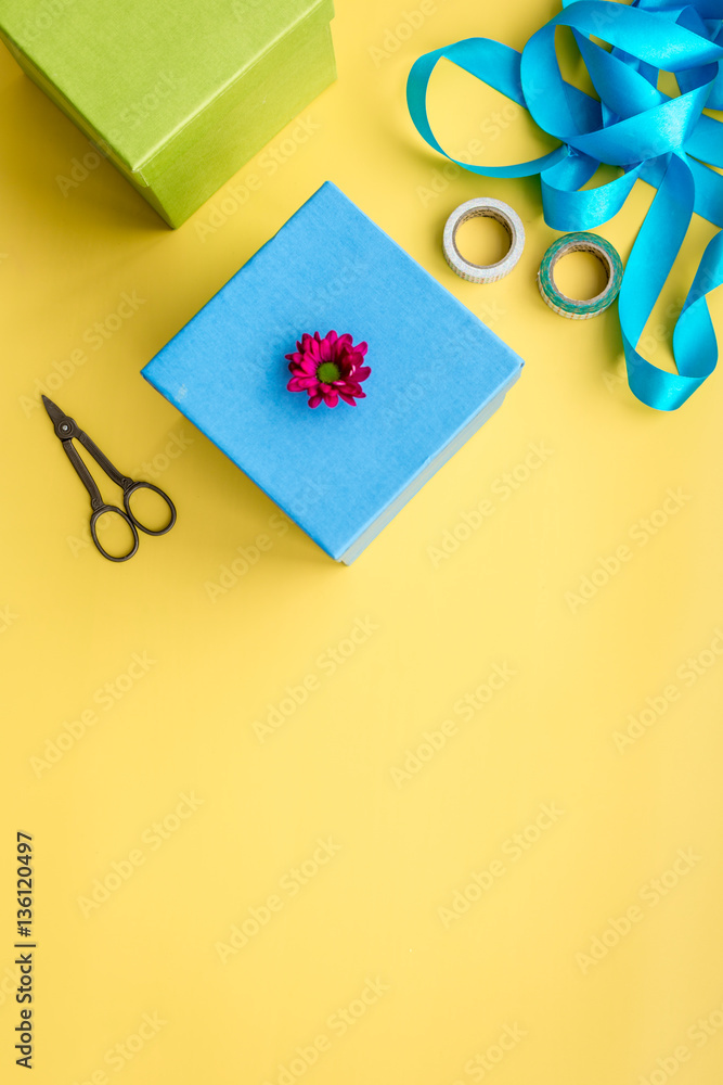 wrapping gifts in box for holiday top view mock up