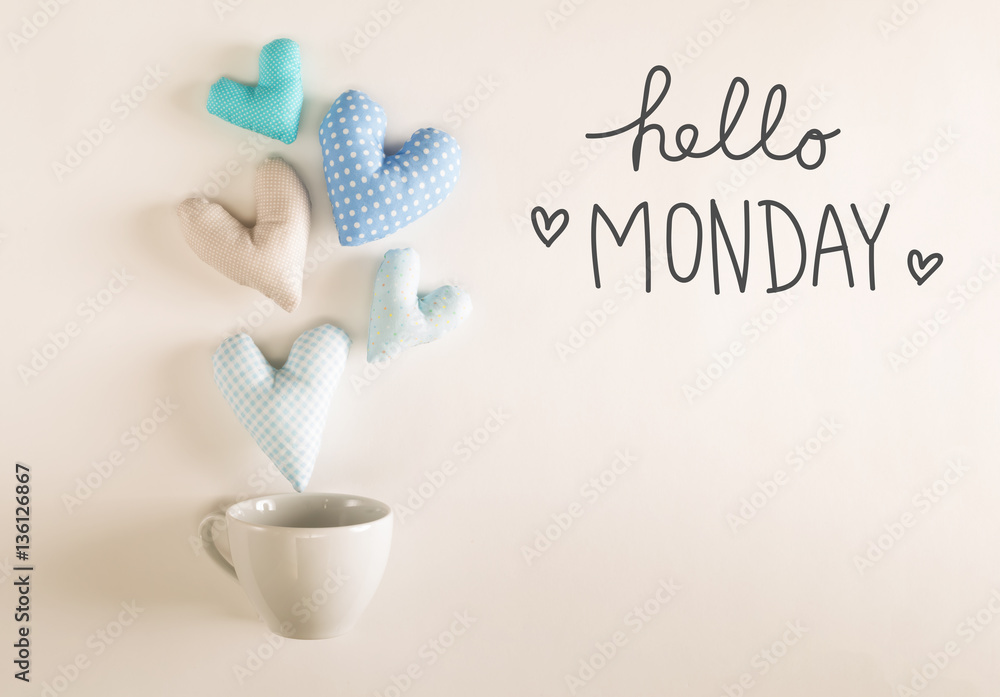 Hello Monday message with blue heart cushions