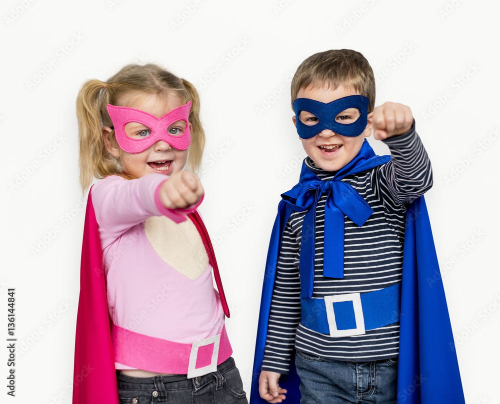 Little Kids Dressing Superhero Hand Gesture Happy