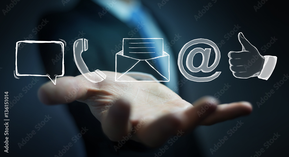 Businessman holding manuscript contact icon in his hand