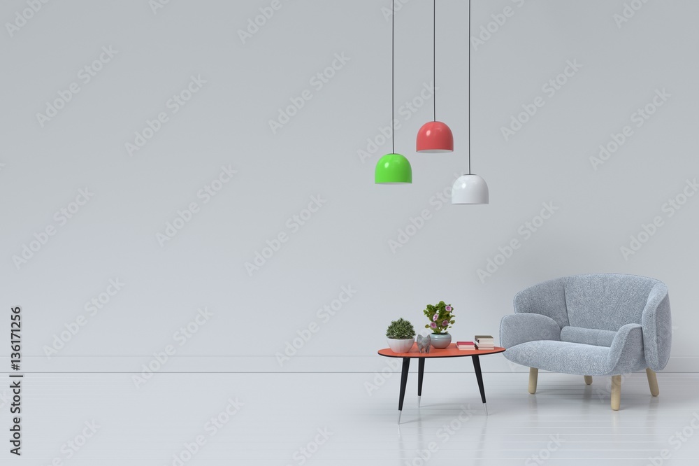 Interior of living room with wooden table, lamps and armchair on white background, 3d rendering