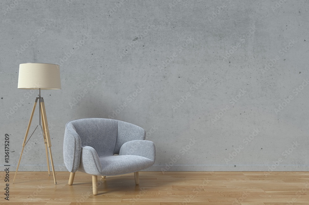 The interior has a sofa and lamp on empty cement wall wall background,3D rendering