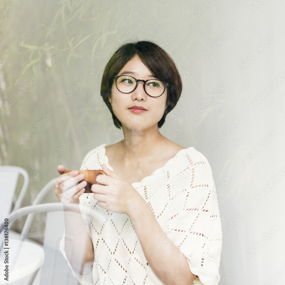 Asian Woman Drinking Tea Relax Concept