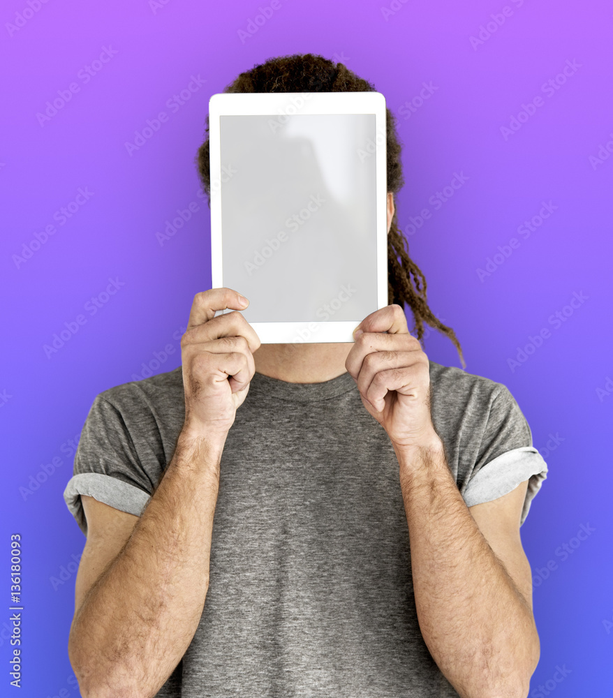 Man Digital Tablet Face Covered Copy Space Technology Concept