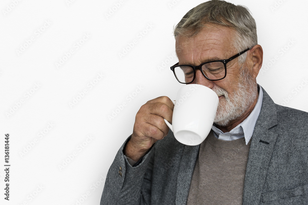 Caucasian Old Mature Drinking Coffee