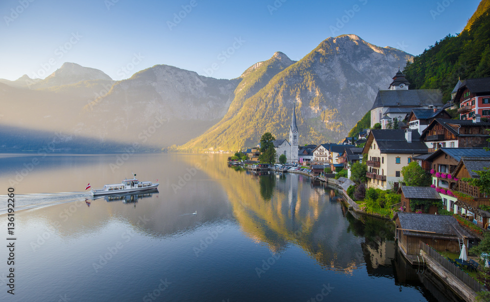 Postcard view of Hallstatt in summer, Salzkammergut, Austria