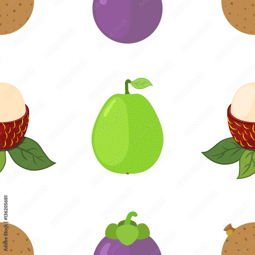 Exotic fruit seamless pattern. Guava, longan, mangosteen, rambutan. Flat style.