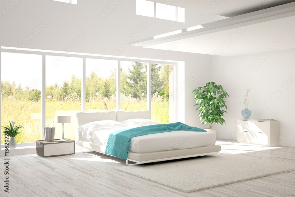 Modern bedroom interior design with green landscape in window