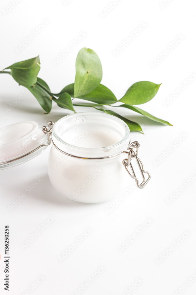 natural organic cosmetics with herbs for baby on white background