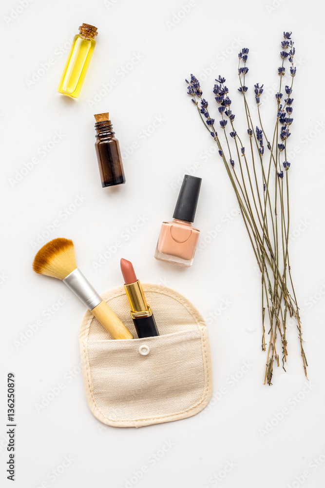 decorative cosmetics on white background top view