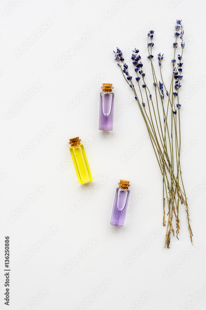 cosmetics with lavender on white background top view