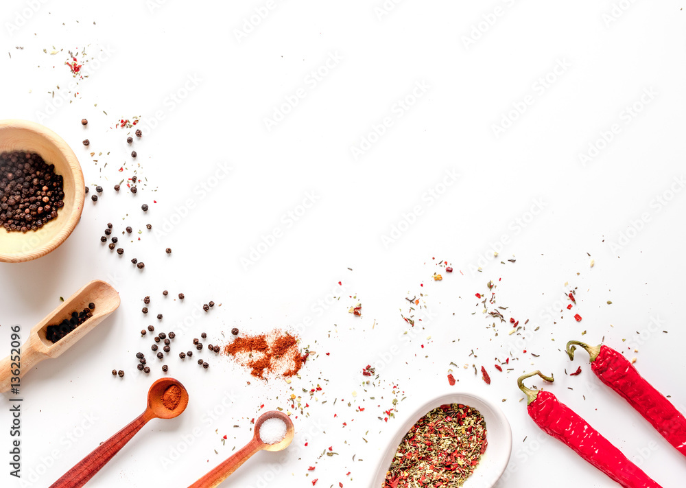 spices in wooden spoon on white background top view