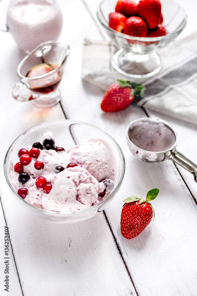 organic homemade ice cream in glass bowl on wooden background