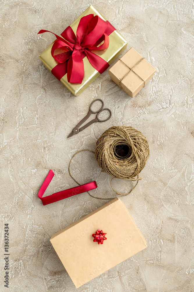 wrapping gifts in box for holiday top view mock up